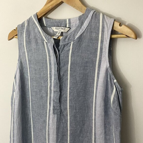 Ellen Tracy 100% Linen Sleeveless Top Womens S Blue White Stripe Button Up - Picture 2 of 10